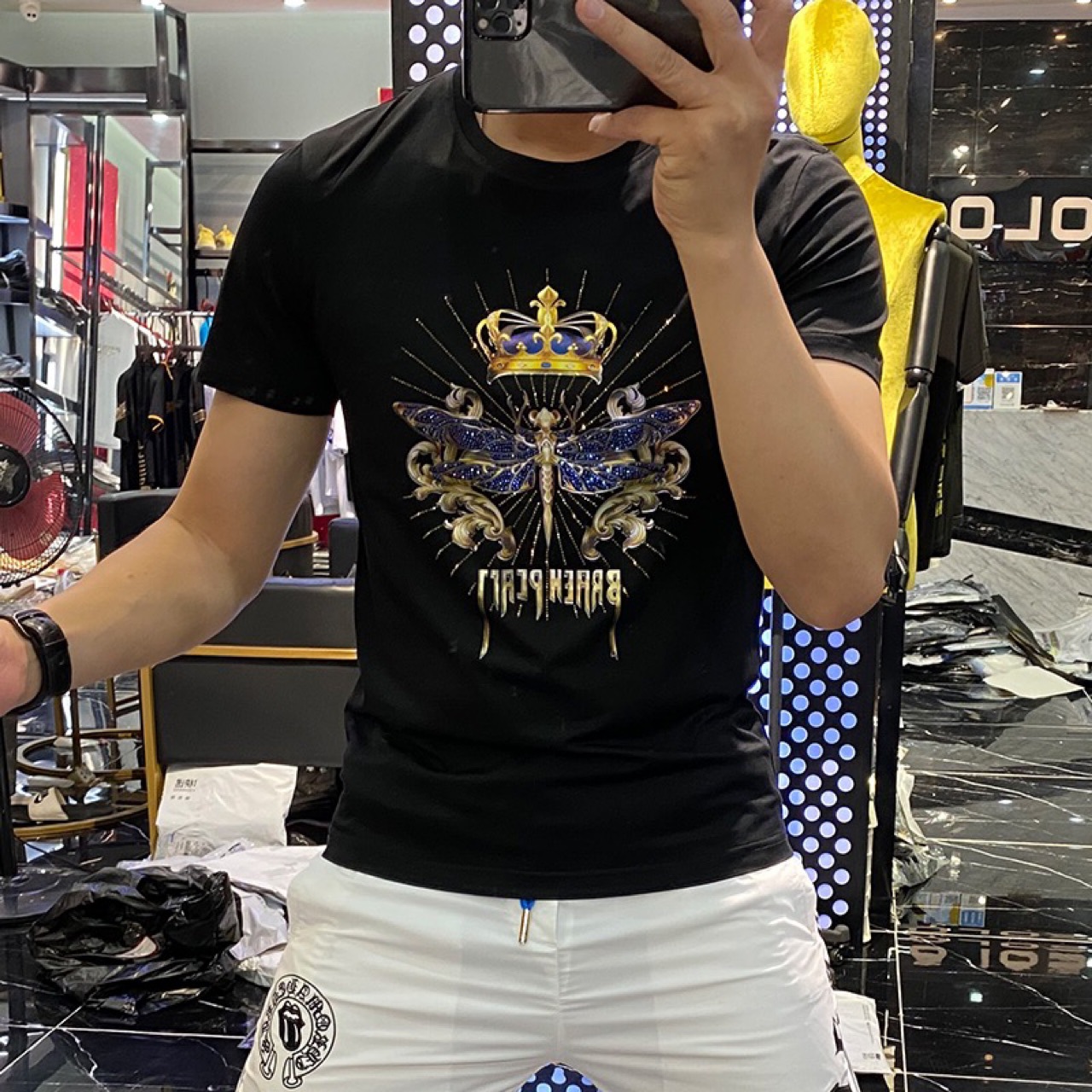 KRKC new design custom dragonfly crown printing ironing short sleeve animal diamond 5xl street men's rhinestone t-shirt