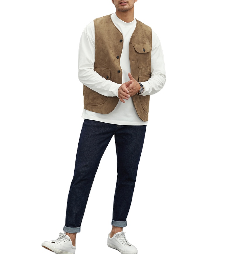 Wholesale High Quality Utility Vest/Motor Cycle Brand Vest Men's Tan Suede Leather Waistcoat Vest