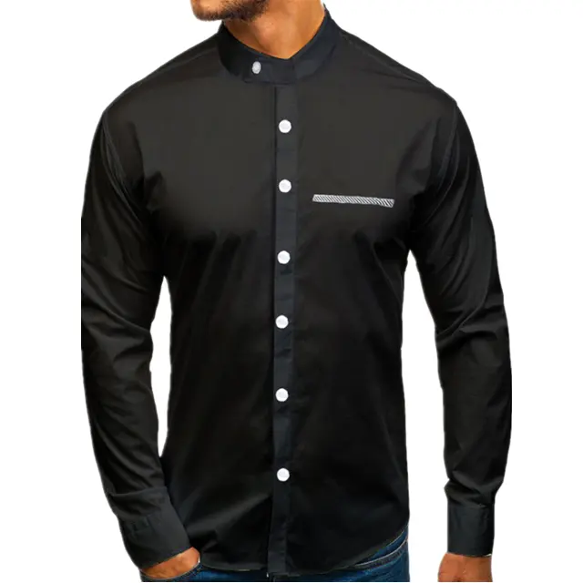Mens chest pocket decoration design casual long sleeve stand collar formal shirt