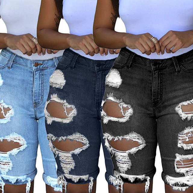 Ladies summer sexy casual FIVE pants tassel ripped jeans women distressed denim shorts