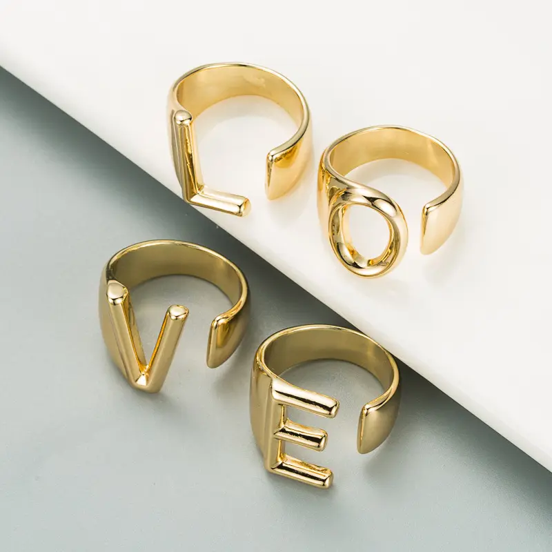Hip hop goldplated letter ring women 18 k 18k gold plated ring adjustable big turkish male dimond adjustable ring for women men