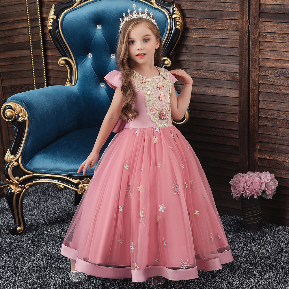New Children Pink Costume First Communion Princess Dresses Full-length Kids Party Wear Ball Gown Flower Girl Dress for Girls