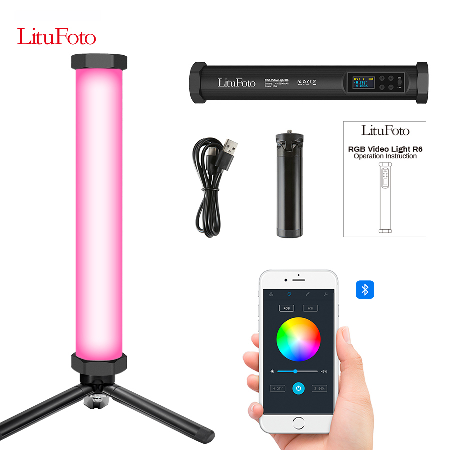 Litufoto R6 Handheld Photography Light Wand RGB LED Tube Light LED Video Light Stick with Mini Tripod app Control Metal material