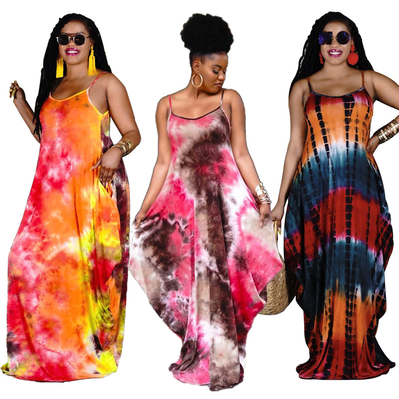 2021 new arrivals summer fashionable printing V-neck sexy shoulder-straps skirt and belt sleeveless plus size women long dress