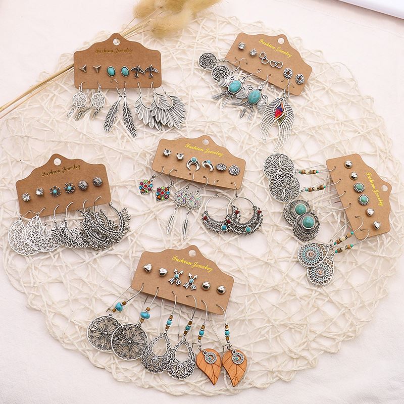 Boho Jewelry Vintage Silver Plated Leaf Feather Dreamcatcher Dangle Earrings 6 Pairs Bohemian Ethnic Earrings Set Jewelry