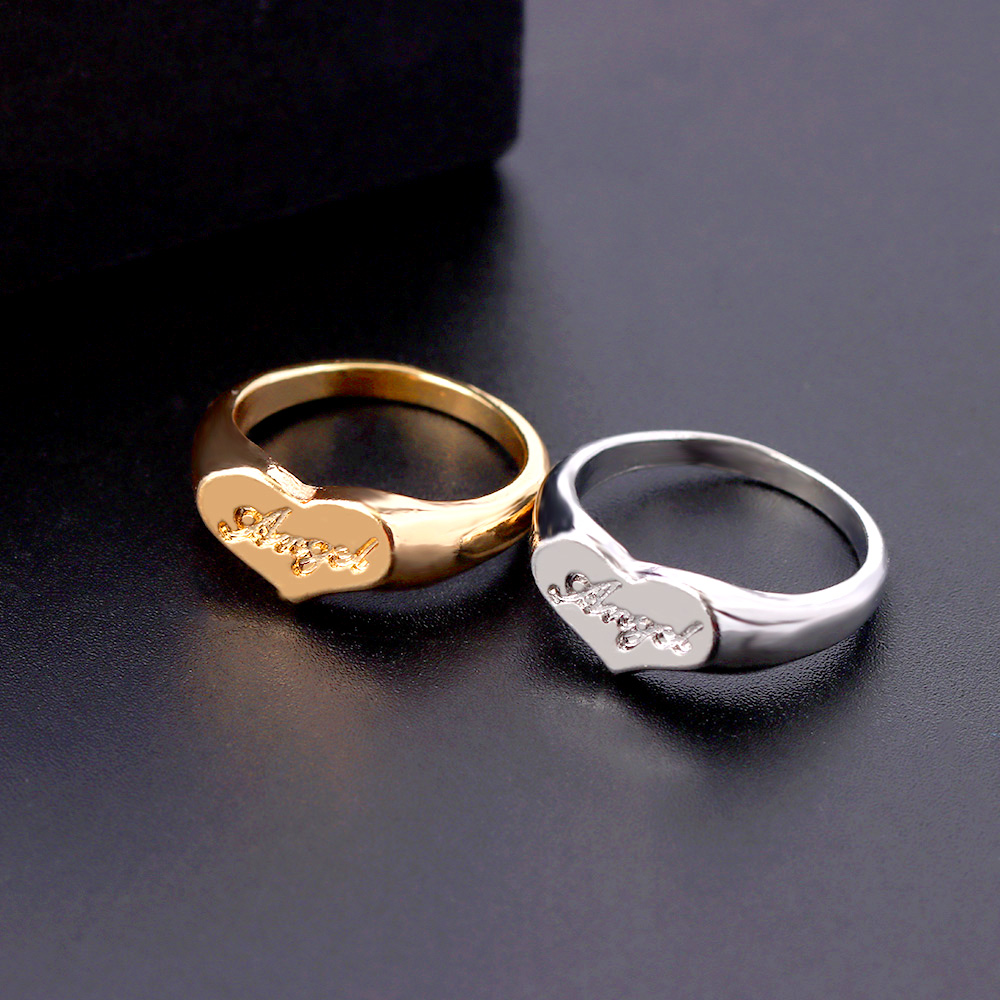 High Quality Gold Plated Couples Jewelry Laser Printed Angel Letter Ring Love Heart Chunky Rings For Women Ladies
