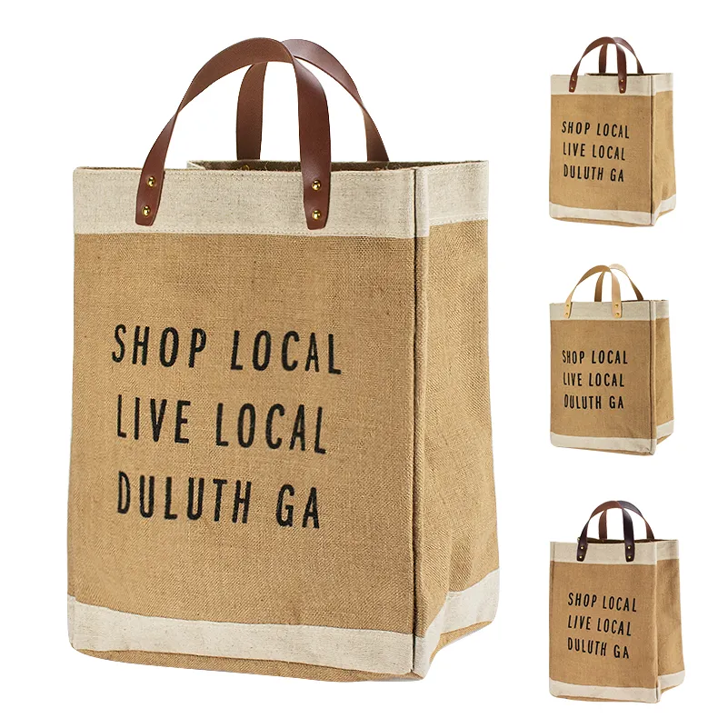 Heavy Duty Burlap Market Grocery Tote Laminated Custom Logo Printing Shopping Jute Bags With Leather Handles
