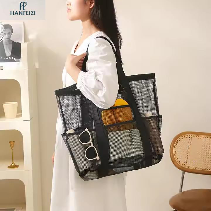 HANFEIZI Women's Multi-Functional Mesh Tote Bag Custom Logo Beach Vacation Essentials for Summer Reusable Travel Essentials