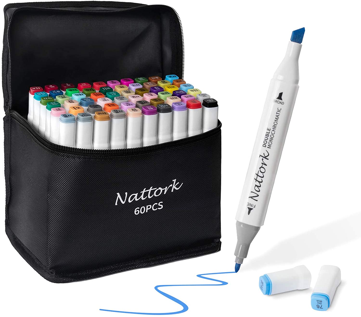 60colors Alcohol Markers,Color Dual Tip (Fine & Broad) Art MarkersComes w/ 1 Hook Line Pen, 1 Colorless Pen and Thick Packing