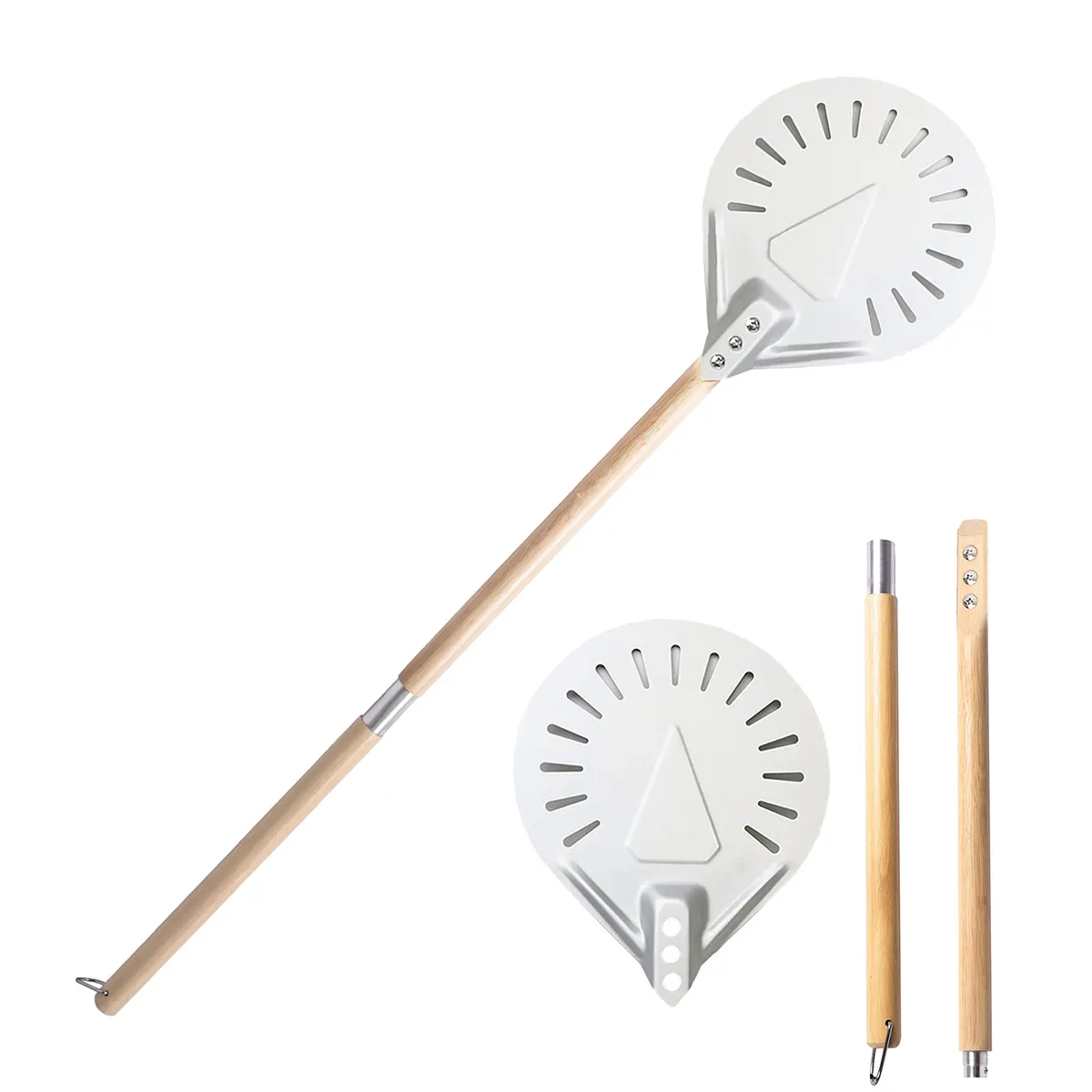 Detachable Pizza Paddle Turner Turning Round Non Stick Aluminum Pizza Peel With Long Wooden Foldable Handle