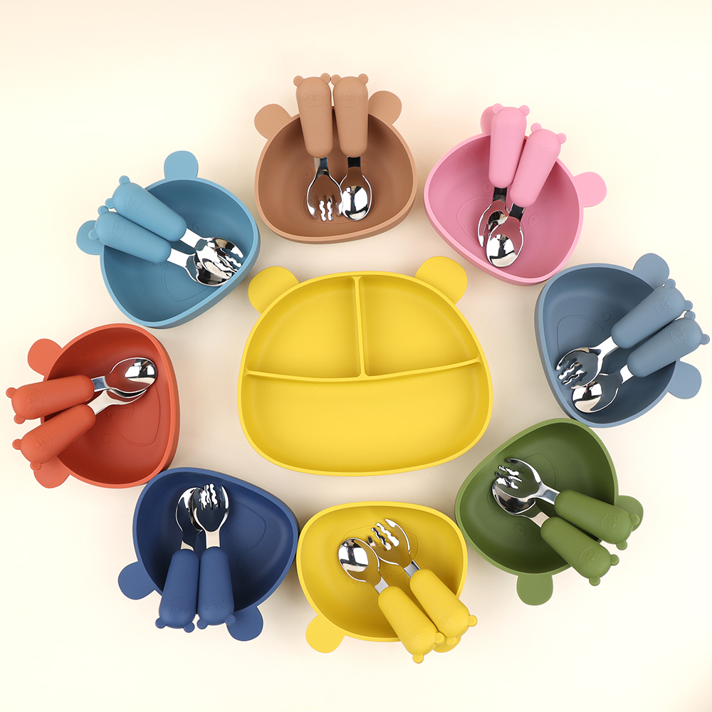Manufacturers Custom Logo Bear Baby Feeding Set Cute Animal Cute Children Suction Divided Plate Bowl Tableware Set