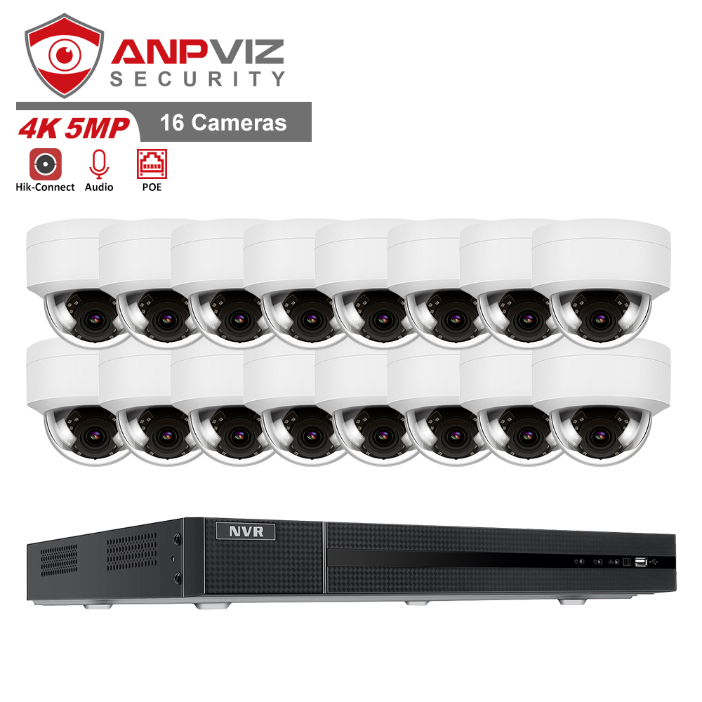 Anpviz 16 шт. 5MP IP POE Система безопасности камеры 16 каналов 4K NVR наборы ночного видения CCTV Широкоугольный 2,8 мм фиксированный объектив оповещение о движении