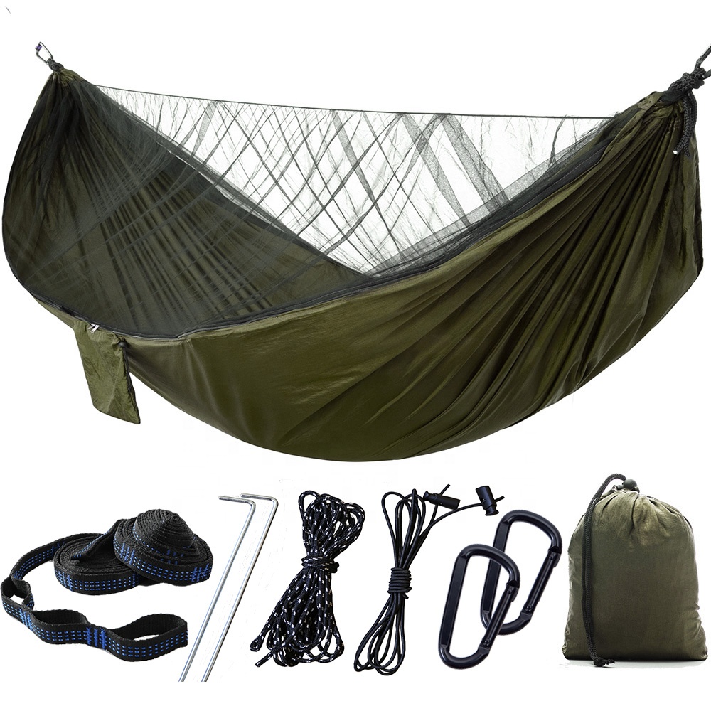 Wholesale Travel Portable Lightweight Hammock with Tree Straps and Carabiners 210T/70D Parachute Nylon Camping Hammock with Net