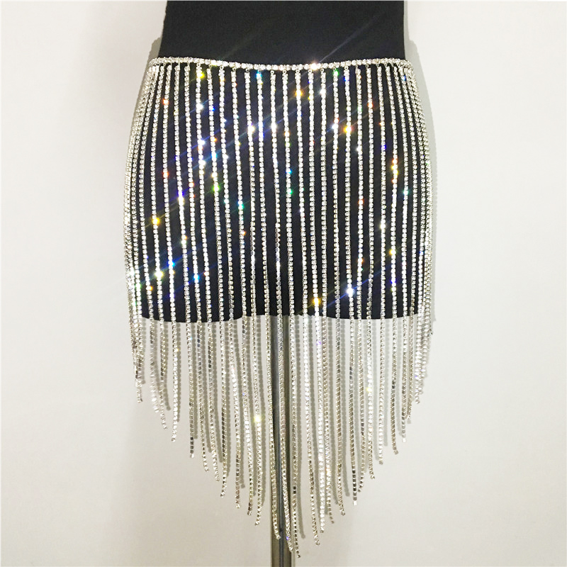 New 2021 Women's summer Sparkly long tassel skirt rhinestone body chain dress beach bikini body jewelry Belts