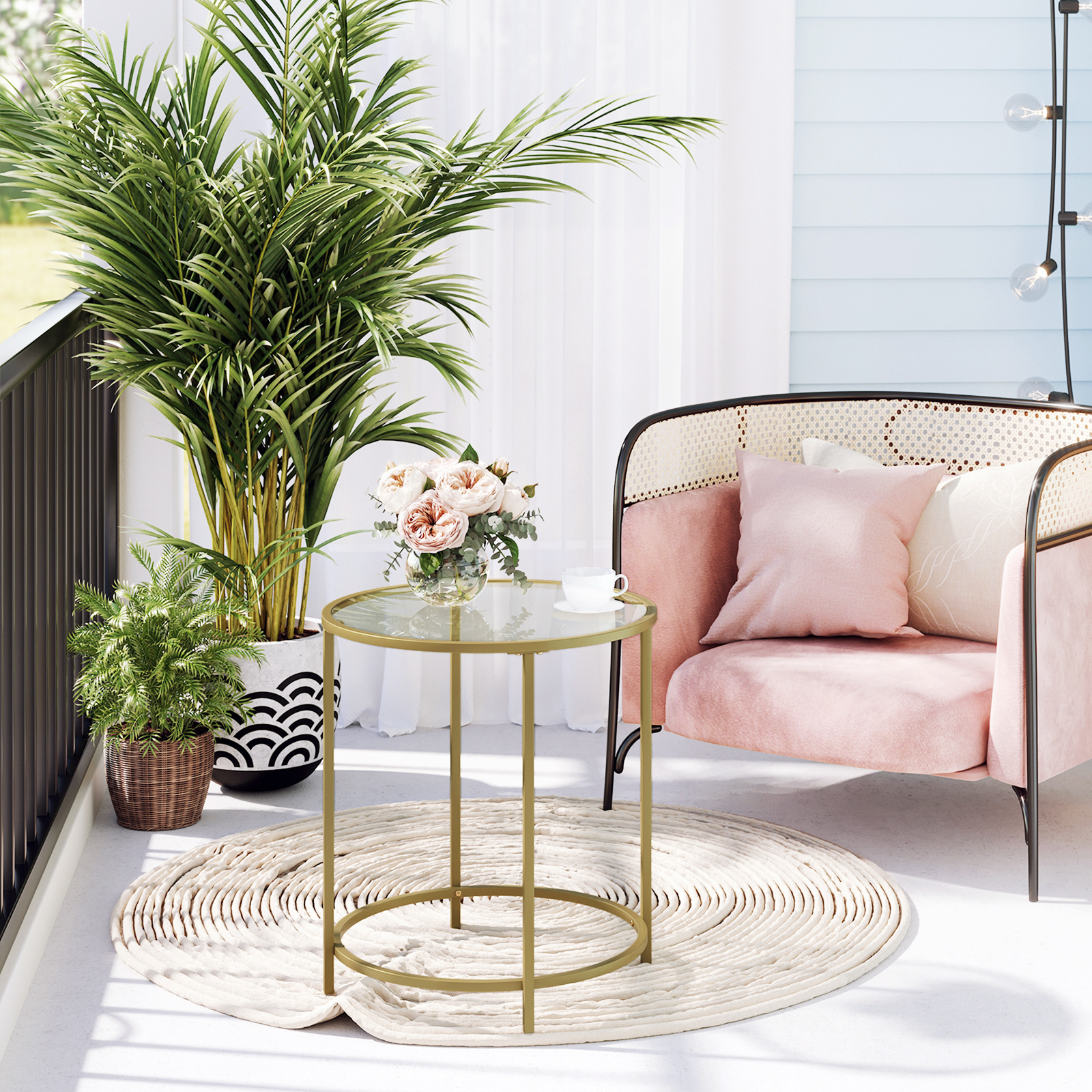 VASAGLE Wholesale Modern Simple Round Coffee Table Tempered Glass Side Tea Center table With Gold Accessories