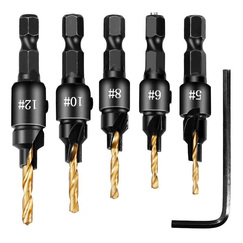 5pc Hss Hex Shank 5/6/8/10/12mm Titanium Screw Quick Change Wood Countersink Hole Drill Bits Screw Counterbore Pilot Set
