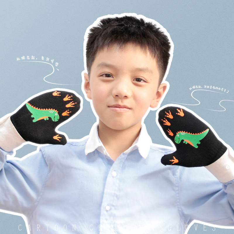 Children'S Cute Cartoon Dinosaur Pattern Warm Plush Thickened Baby Winter Gloves Knit Cotton Knitted Glove Winter Warm
