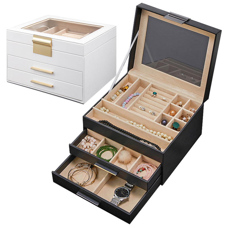 2021 fashion low moq glass window high end leather jewelry storage box case organizer
