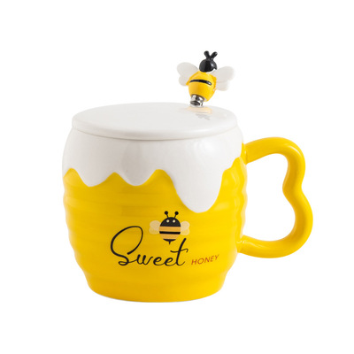 Creative cartoon cute bee jar shape office home ceramic mug with lid