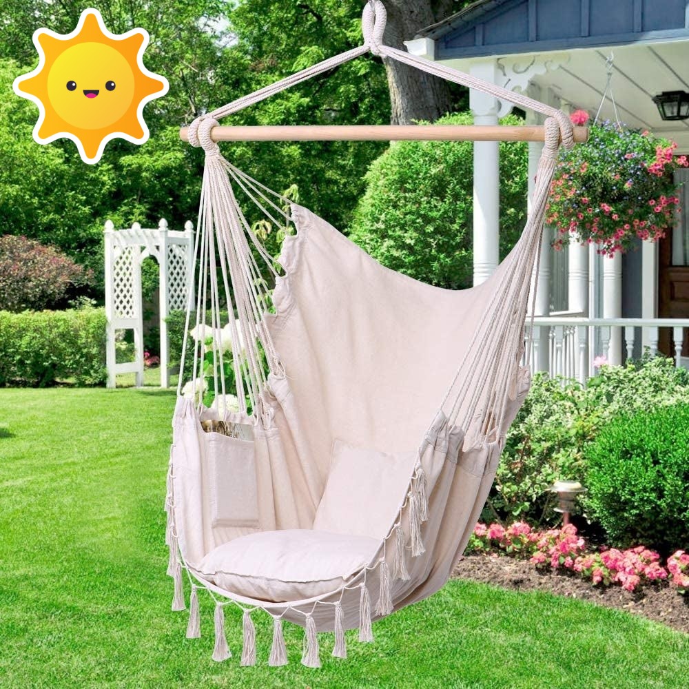 Modern Indoor&Outdoor Cotton Canvas Rope Design Beautiful Tassel Macrame Swing Chair Hammock With Cushion