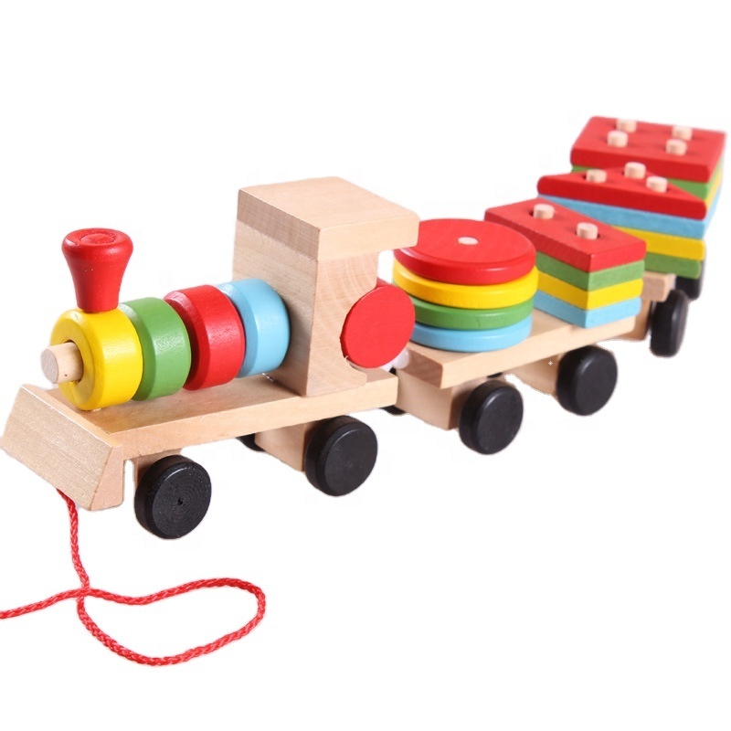 C05062 Montessori Children's Baby Toys for Kids Educational Learning Car Geometric Shape Wooden Train Toy Wholesale
