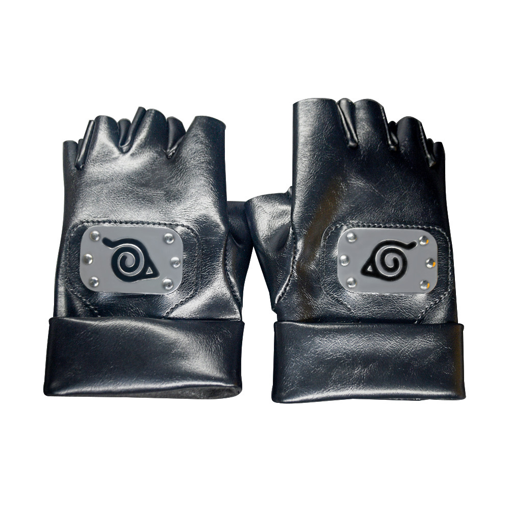 Hot Sale Japanese Cosplay Anime Naruto Cowhide Leaf Metal Logo Leather Gloves