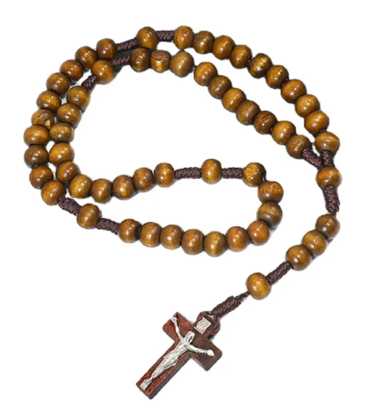 Manufacturer Religious Christian Cross Wooden Bead Chain Catholic Rosaries with Alloy Crucifix INRI