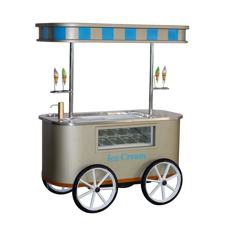 Mobile Italian ice cream hand push cart with display freezer Gelato stand cart