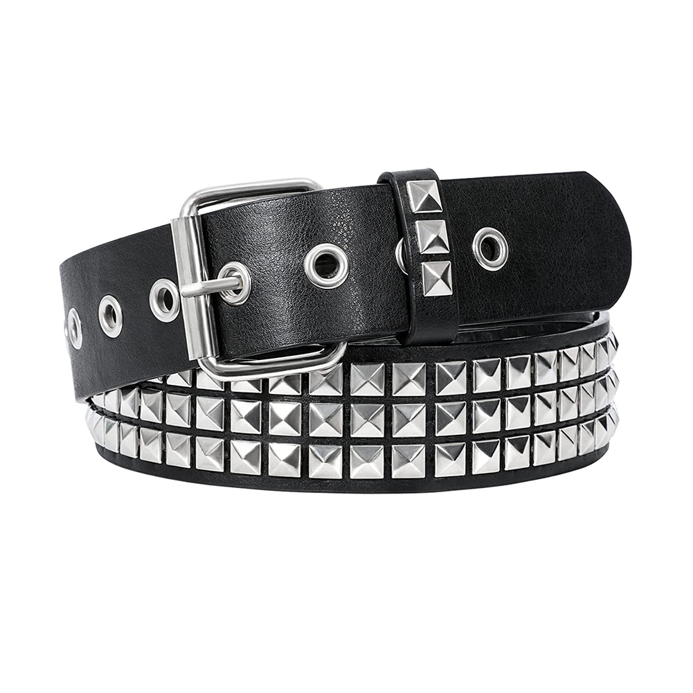 Studded Belt Men Women Punk Pyramid Square Buckle Chain Belt Bonded Leather Rivet Black Leather Belt