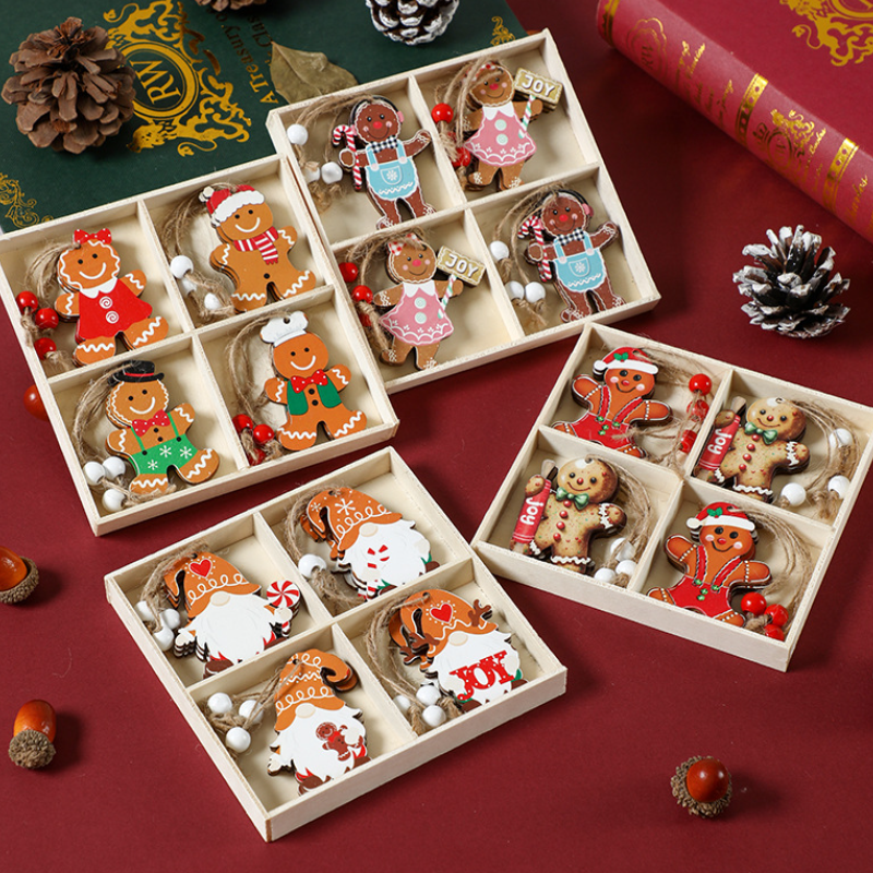 12PCS Wooden Gingerbread Man Ornaments for Christmas Tree Xmas Party Favor Decorations Hanging Pendant Strings Holiday Supplies