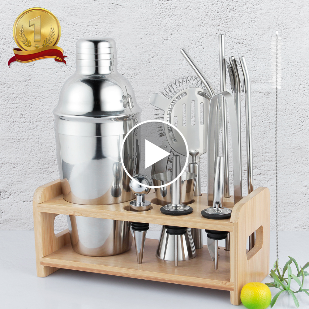 Hot selling 14 piece bar tool bar accessories stainless steel cocktail shaker set with bamboo stand