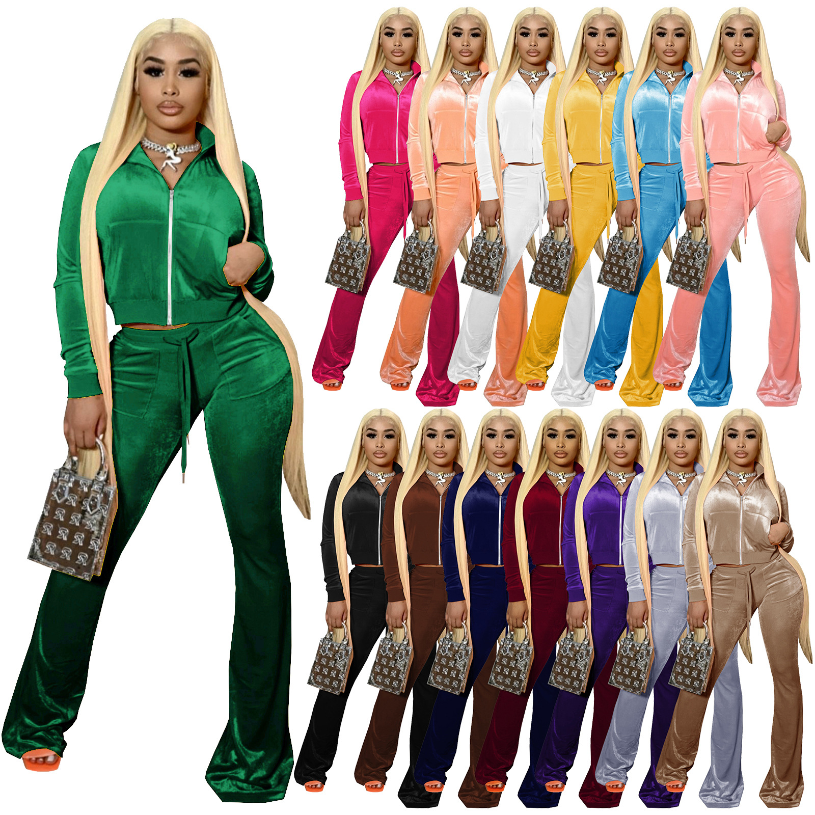 2021 Crop Coats Jackets For Women Fall Clothing Two Piece Pant Set 2 Piece Set Velour Tracksuit Sweatsuits Velvet Sweatsuit