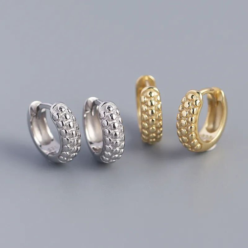 Wholesale Small Huggie Hoop Earrings 18K Gold Plated Beaded Chunky Earrings Women 925 Sterling Silver Earrings