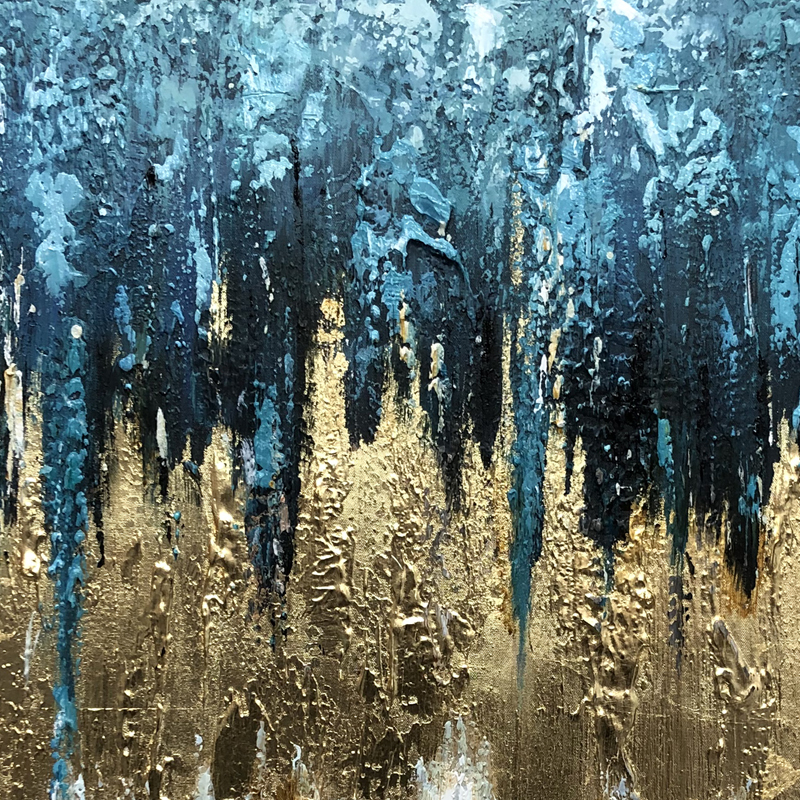 Wholesale 100% Hand made Art Blue Large Abstract painting Design Gold Foil Office Oil Paintings on Canvas Stretched Art