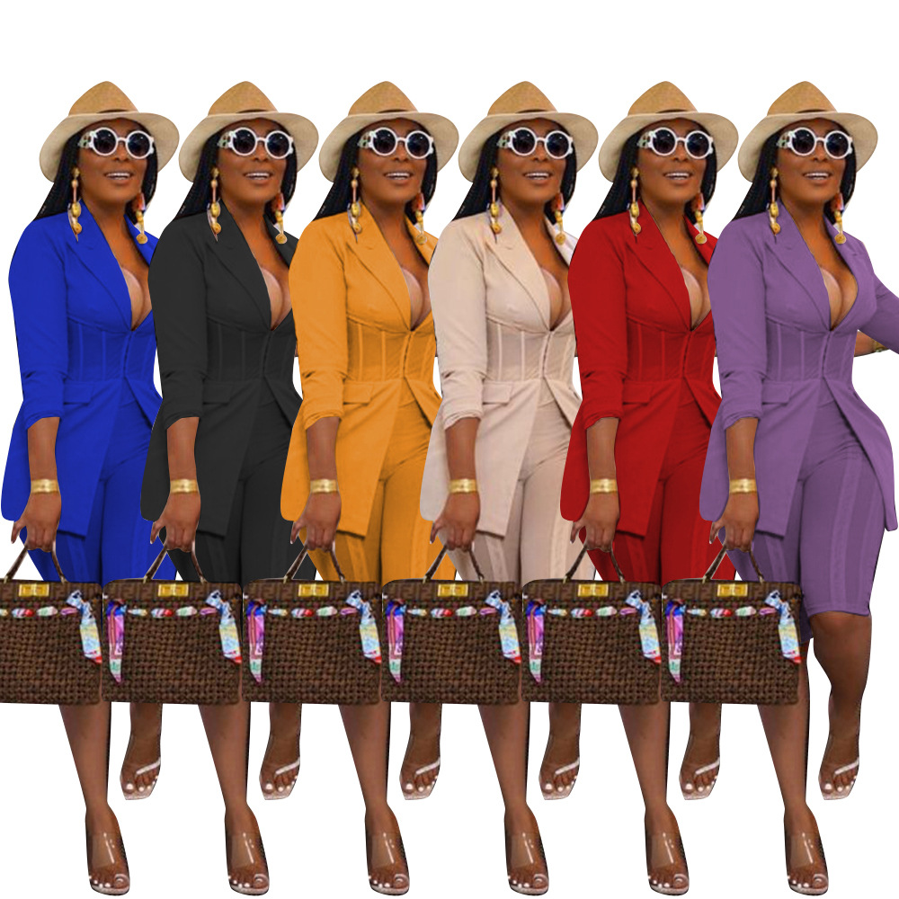 winter wholesale women office suit sets corsets long sleeves turn neck suits blazers midi shorts pantalones de mujer ladies sets