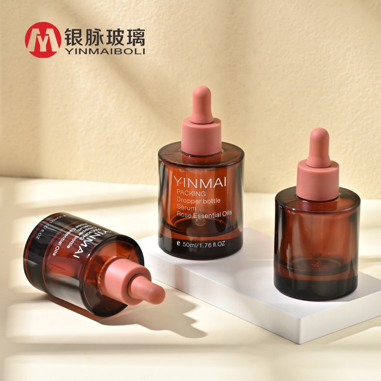 Face Serum Bottle 30ml Essential Oil Glass Dropper Bottle With Box Luxury Empty Cosmetic 30ml Round Reddish Brown Custom Dropper