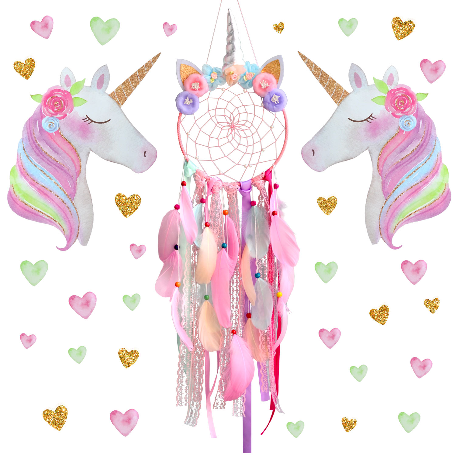 Pink unicorn dream catcher mural home decoration girl room ornaments dream catcher hand-woven cute birthday gift dream catcher