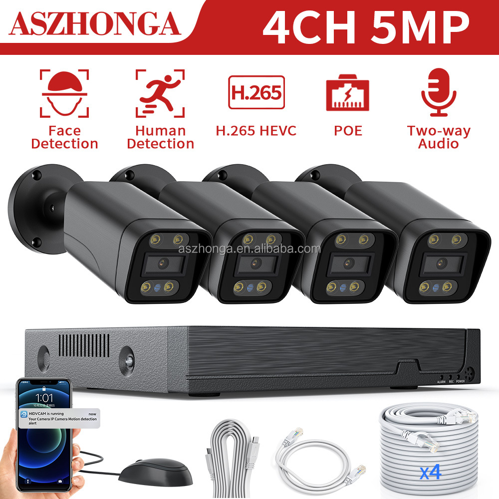 Комплект видеорегистратора 5MP 4CH POE, IP-камера с микро-сигнализацией, обнаружением движения, P2P, полноцветная камера ночного видения, умный поиск лица