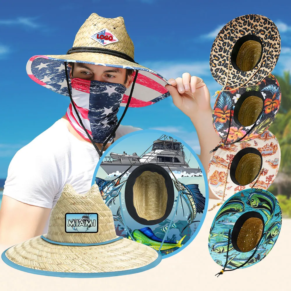 Custom patch logo oversized sombrero men surf beach hat women summer beach ladies dye brown natural grass lifeguard straw hat