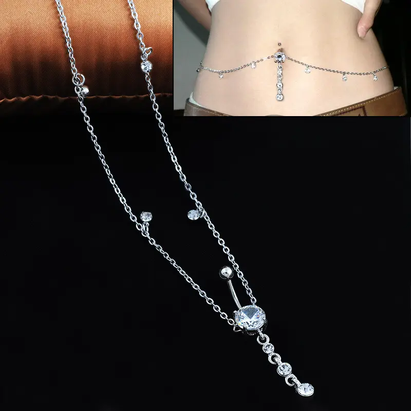 Hip Hop Fashion Stainless Steel Buckle Ring Silver Sexy Body Piercing Jewelry Wasit Chain Zircon Buckle Ring Tassel Belly Chain