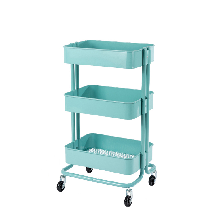 Hot Sales Steel Storage Trolley Kitchen Furniture 3 Tier Rolling Cart Metal Flat Trolley Cart With Four Wheels