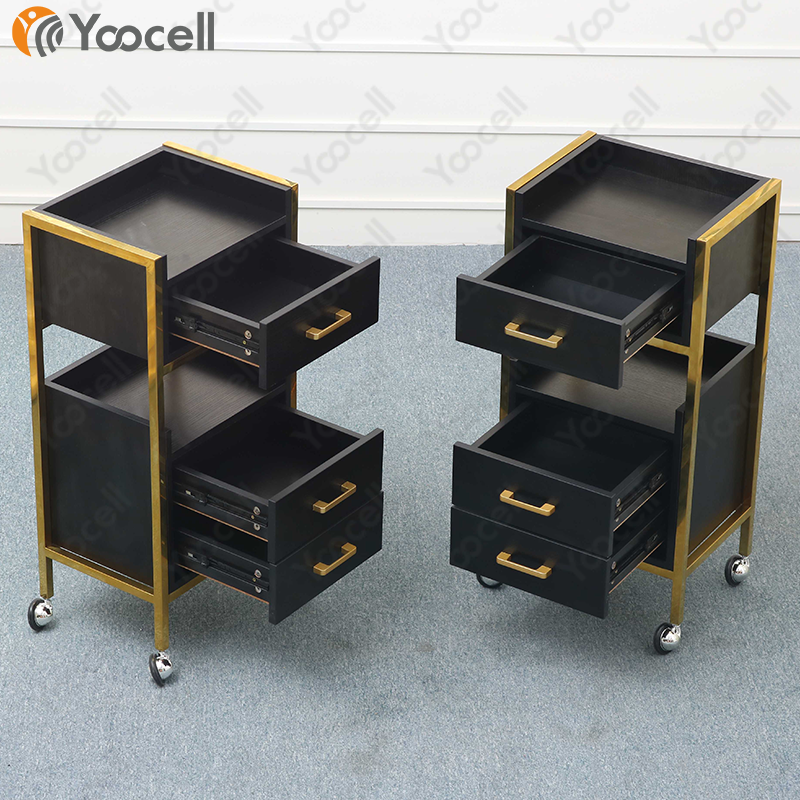 Yoocell black gold metal hair salon beauty salon drawer trolley pedestal rolling 4 wheels cart trolley for hair cutting