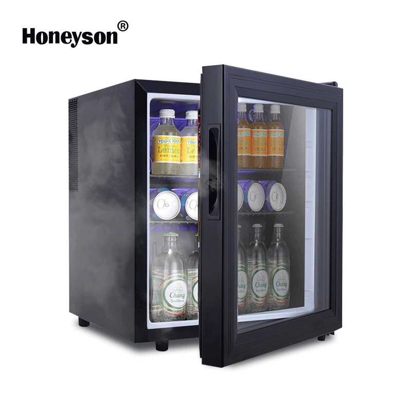 Honeyson high quality hotel no frost mini cooler fridge in living room glass door