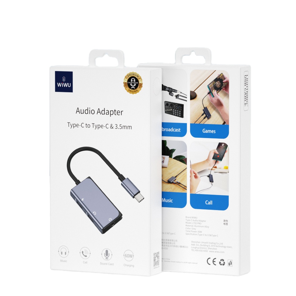 WiWU 3 in 1 Audio Adapter Universal USB C to Dual USB C 3.5MM Audio Jack with Built-in Mic Phone Call Smart Phone Audio Cable