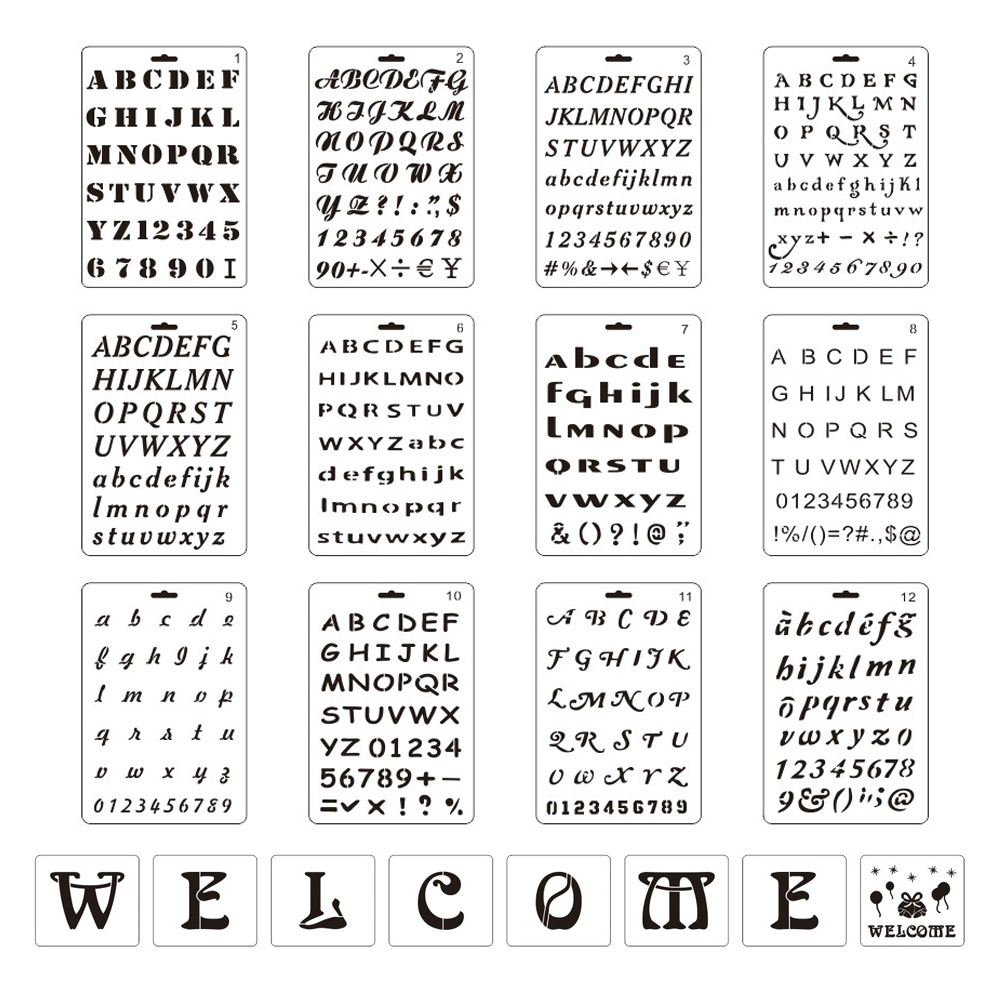 12-Pack 4x7 Inch Plastic and PET Letter Stencils DIY Alphabet Painting Stencils for Journal Notebook Diary Scrapbook
