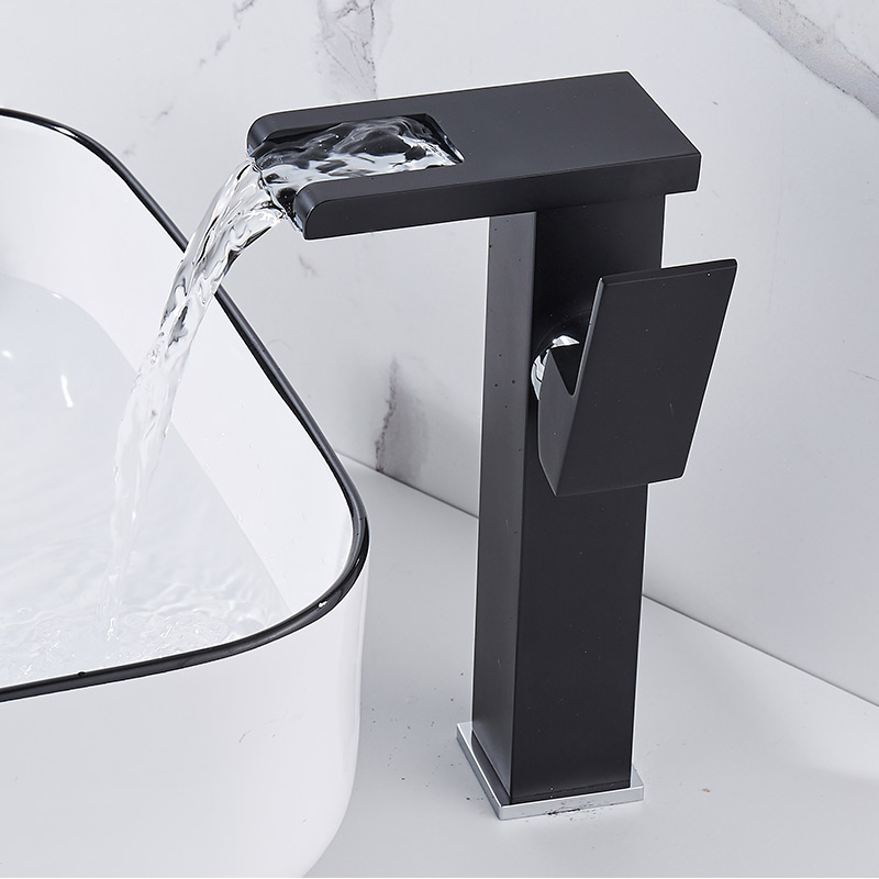 Waterfall outlet black with high single handle wash basin mixer LED light faucet
