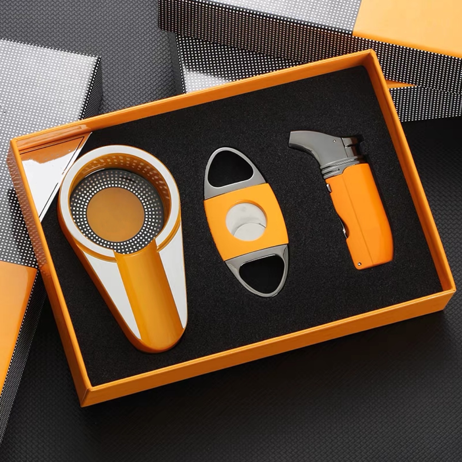 Maywaysky 3ps/set Metal Cigar Cutter Ashtray Windproof Lighter Cigar Scissors Kit With Gift Box