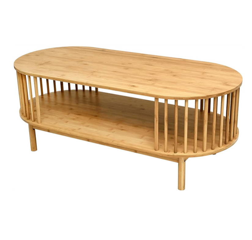 oval Bamboo Coffee Table for Living Room, 2-Tier Wooden Farmhouse Center Table with Storage Shelf