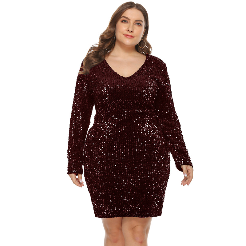 2021 new arrivals summer plus size fashion nightclub sexy sequined V-neck long sleeve and tight buttock women party dress
