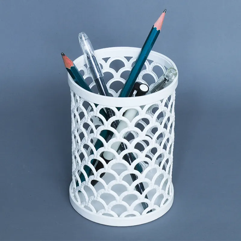 White Office Metal Container Model Mesh Desktop Pen Holder Metal Mesh Pencil Holder Cup Organizer Office Stationery Caddy Stand